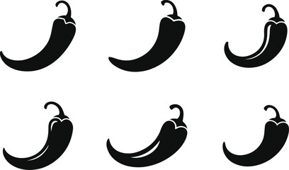 Set of minimalist black chili pepper spice silhouette vector icon