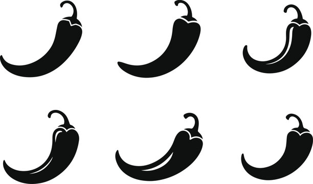Set of minimalist black chili pepper spice silhouette vector icon