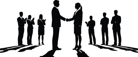 Business handshake sealing partnership, corporate agreement celebration, successful negotiation, team approval, professional collaboration, deal signing, leadership unity, trust, mutual success