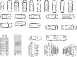 Collection of vector car top views and modern building perspectives for architectural site plans and urban design layouts featuring black and white outline illustrations.