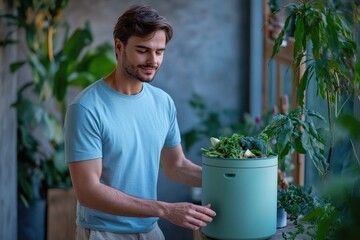 A man thoughtfully adds vegetable scraps to a modern indoor compost bin, promoting sustainable living and reducing food waste at home.