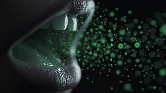 Human mouth exhaling virus particles infection spread concept, respiratory droplets carrying germs bacteria and microbes, airborne disease transmission, coughing breathing health risk, medical science
