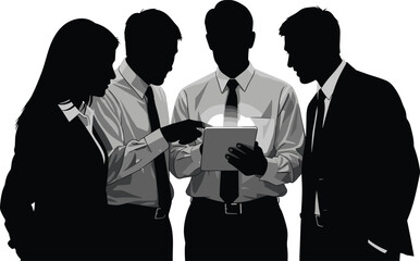 Business meeting, team discussion, tablet collaboration, corporate strategy, silhouette professionals, leadership, teamwork, technology, planning, unity, office, communication