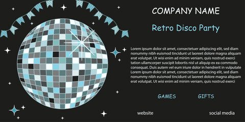 Disco party invite vector banner. Vector illustration of horizontal business banner with realistic Disco Ball and typography template design.