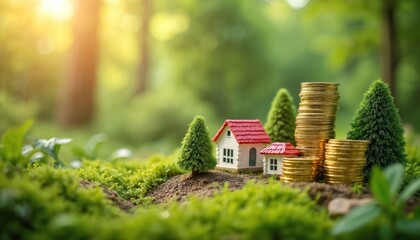 Miniature houses stand beside stacks of coins amid green landscape. Tiny houses represent property investment. Coin piles symbolize savings. Demonstrates growing wealth in eco friendly residential