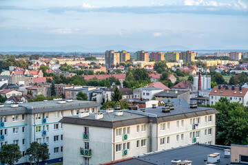 Colorful apartment blocks and residential cityscape in Poland at sunset
