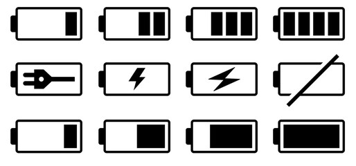 battery set in black. Battery charge indicator, battery level, energy, full. Power low up status. Batteries logo. Vector icons.