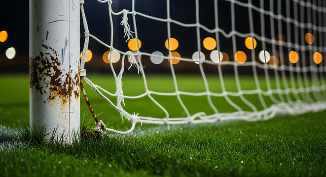 Close up of a soccer goal post and net with blurred stadium lights at night on green grass