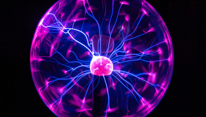 Electric arcs branching dramatically inside plasma ball, vivid streams of energy swirling, dark backdrop