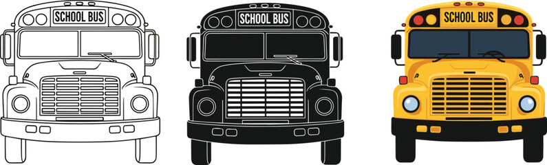 Set of three vector school bus illustrations featuring black outline silhouette and yellow color front view for back to school education transport design concepts. © Akaza