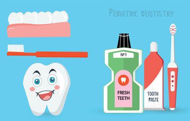 Basic dental care with illustrations of tools and a smiling tooth. An illustration depicting essential dental care items: toothpaste, toothbrush, and mouthwash.