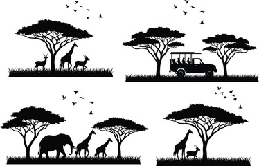 Vector set of African safari silhouettes featuring acacia trees wild animals elephants giraffes and a tourist jeep vehicle isolated on white background for design. © MEHEDI