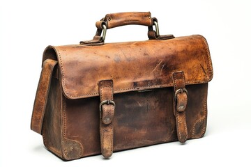 A vintage, distressed brown leather briefcase or satchel, with a top handle, shoulder strap, and two buckled closures, against a white background.