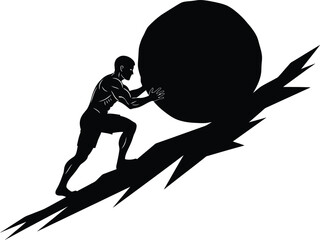 Man pushing boulder uphill concept of strength determination perseverance eps silhouette
