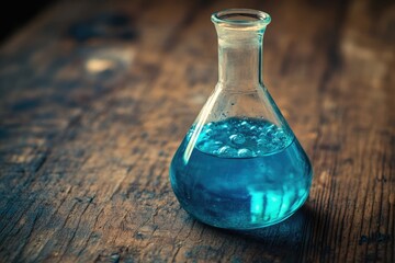 A conical glass flask holds bright blue bubbling liquid on a weathered wooden table, evoking scientific discovery.