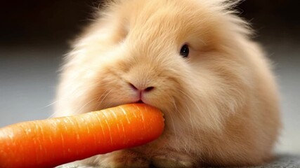 Fluffy rabbit eating fresh carrot in close up view showing adorable animal behavior cute pet moment natural feeding action for wildlife and domestic bunny footage highlighting sweetness and charm