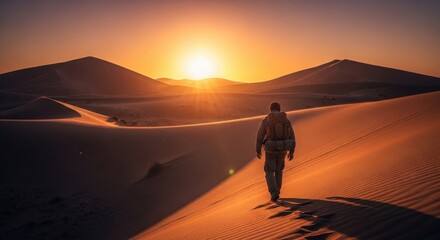 Lone traveler walks across vast desert dunes at sunset.