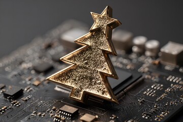 Golden Christmas Tree on an Electronic Circuit Board