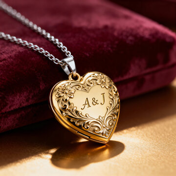 Gold heart locket with engraved initials on elegant velvet background  