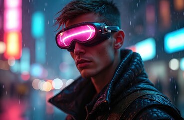 Man in cyberpunk goggles stands in neon city rain. Futuristic style, virtual reality headset, dark jacket. Digital future aesthetic. Sci fi character.
