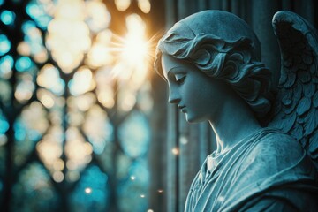 Obraz premium A serene angel statue gazes downward, illuminated by a warm glow from a blurred stained glass background, evoking peace and spirituality.