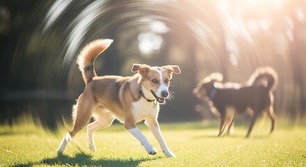 Two Happy Dogs Playing Outdoors in a Sunny Park.