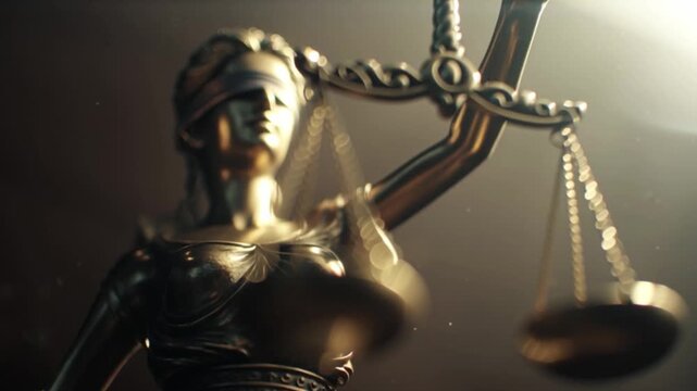 Lady Justice statue with balance scales in dramatic light showing law fairness judgment symbolism legal authority concept for courtroom justice system footage highlighting truth and equality