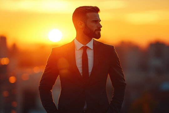 A stylish businessman, backlit by a vibrant sunset over a city skyline, stands confidently, exuding success and contemplation.