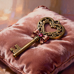Fototapeta premium Antique heart-shaped key resting on pink velvet cushion 