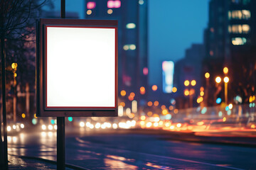 A blank billboard mockup on a city street at dusk, blurred lights, realistic