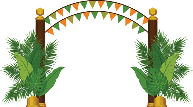 Tropical Archway Vector Illustration with Lush Green Jungle Leaves, Banana Plants, Wooden Posts, and Festive Bunting Banners, Perfect for Summer Party Backgrounds and Decor - Powered by Adobe
