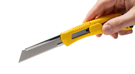 Hand Holding Yellow Retractable Utility Box Cutter Knife Isolated Cutout Transparent PNG
