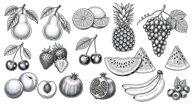 Vibrant, hand drawn collection of delicious fruits including pears, cherries, strawberries, oranges, pineapple, grapes, watermelon, peaches, pomegranate, bananas, and blueberries