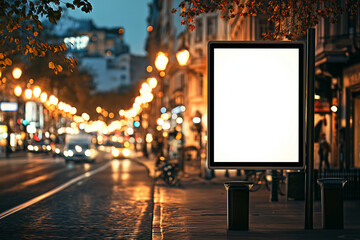 A blank billboard mockup on a city street at dusk, blurred lights, realistic