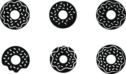 Set of minimalist black donut dessert with sprinkles silhouette vector icon