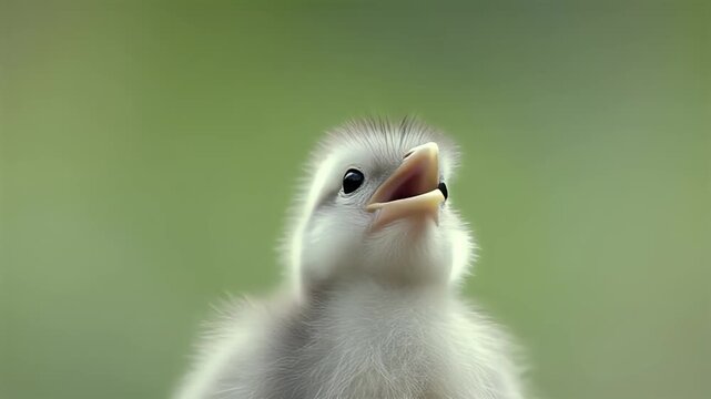 Adorable close-up of a fluffy gosling with its beak open, set against a soft green background