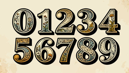 Creative art number "0-9", graphic font design, hand-drawn vector illustration