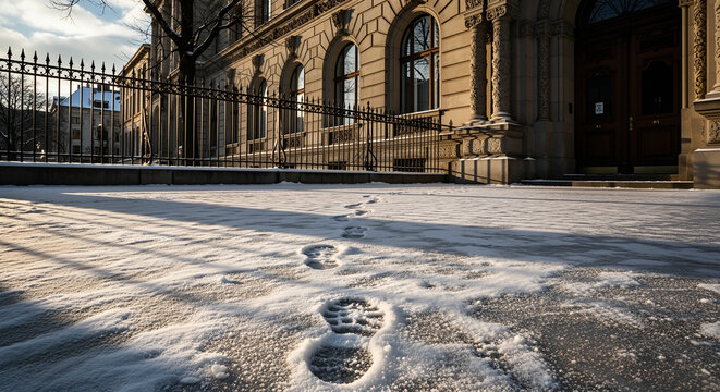 Footprints on icy sidewalk fresh shoe prints leading to historic building, frosty pavement with thin snow crust, long morning shadows, cold urban winter, city architecture, minimal serene mood