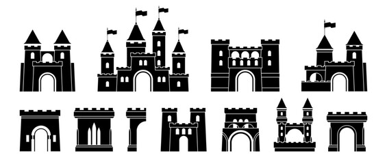 Castle line icons set. Vector isolated towers and battlements, walls and entrances medieval structures. UI design and infographics in monochrome style. Maps or educational materials