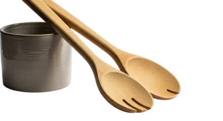 Wooden Salad Serving Spoons and Fork with Ceramic Crock Isolated Cutout Transparent PNG