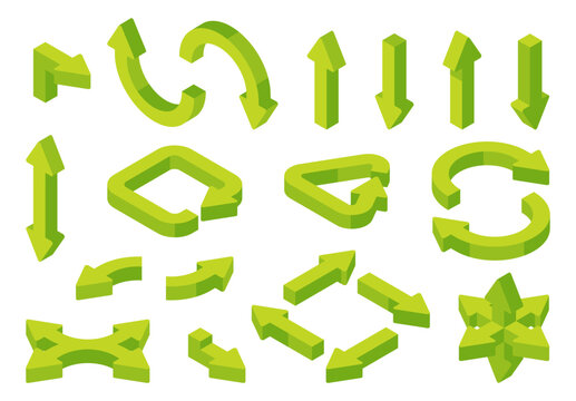 Isometric arrow symbols set. Vector isolated pointers with bends, turns and right angle curves. Indicators in various directions. Navigation and process visualization, app interfaces and infographics