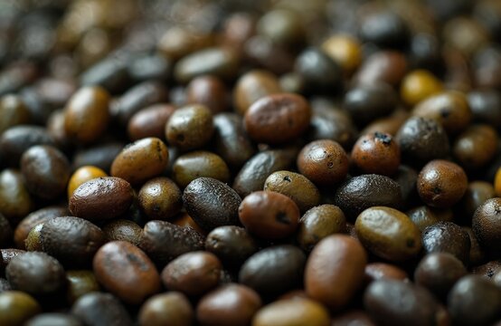 Pile of djenkol beans also called jering or jengkol. Exotic brown raw food ingredient. Full frame shot. Fresh tasty ripe healthy legume seeds for culinary purposes closeup.
