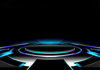Futuristic stage with blue neon lights and a dark background.