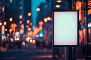 A blank billboard mockup on a city street at dusk, blurred lights, realistic