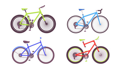 Sports bikes collection for men. Vector isolated road and mountains bicycles with chain driven drivetrain and brakes for stopping. Sportive eco transport, human powered vehicle for males