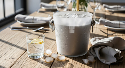 Frosted water bucket, condensation beads, loose ice cubes and lemon water glass nearby, bright morning light, freshness chill, catering service, minimal elegance, hospitality, clean lifestyle