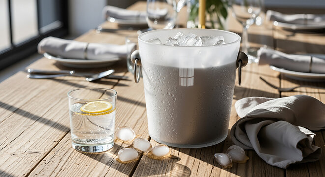 Frosted water bucket, condensation beads, loose ice cubes and lemon water glass nearby, bright morning light, freshness chill, catering service, minimal elegance, hospitality, clean lifestyle - Powered by Adobe