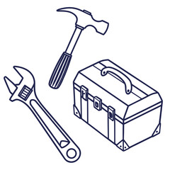 Hand tools set isolated on collection of repair and construction equipment vector illustration of hammer, wrench, and toolbox in doodle style for home improvement and maintenance