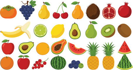 Obraz premium Large Collection of Fresh Fruit and Berries Vector Icons, Including Tropical, Citrus, and Common Varieties, Perfect for Healthy Eating, Diet, and Market Designs