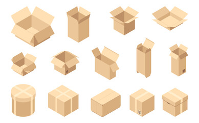 Fototapeta premium Open and closed cardboard boxes set, isolated isometric carton containers with lids. Vector parcels with tapes and packaging template for delivery and distribution company. Courier express moving